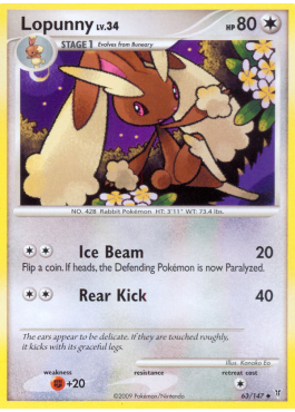 bunny pokemon card - Buneary (84) attacks used by the Defending Pokemon do 20 less damage (before applying Weakness and Resistance). Lopunny Lv.34 (SV 63) -