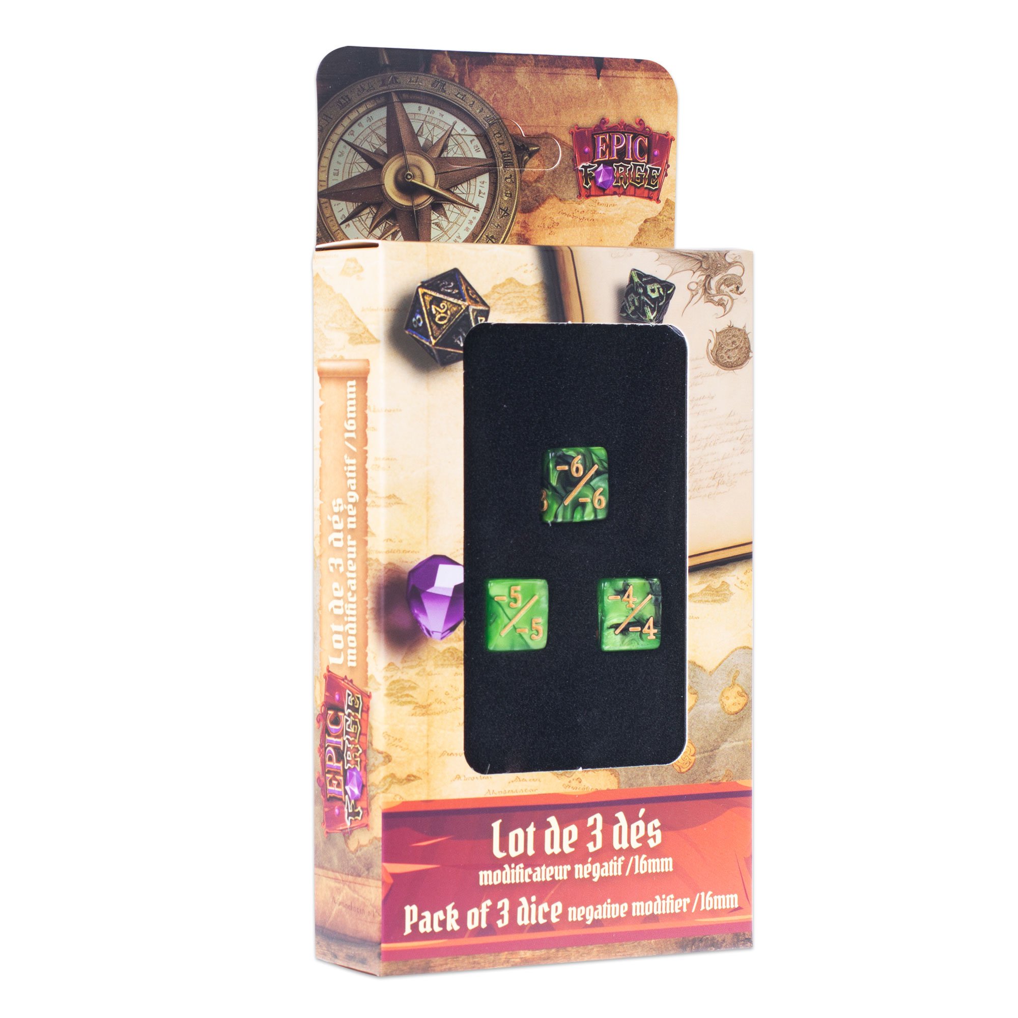 Lot de 3 dés 6 modificateur négatif Vert Noir