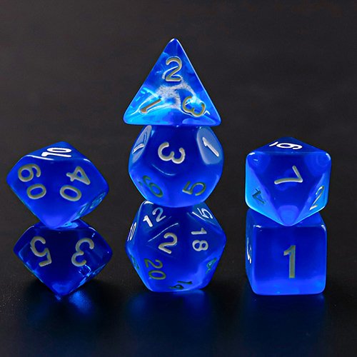 Set de 7 dés polyédriques cristal Bleu et Blanc - Sanseking