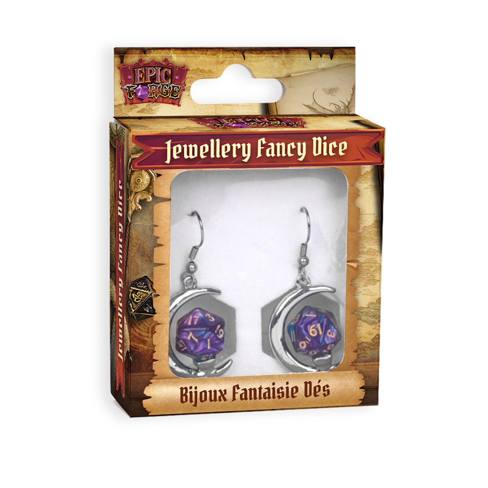 Boucles d'oreilles Lune Dés D20 - Violette - Bijoux
