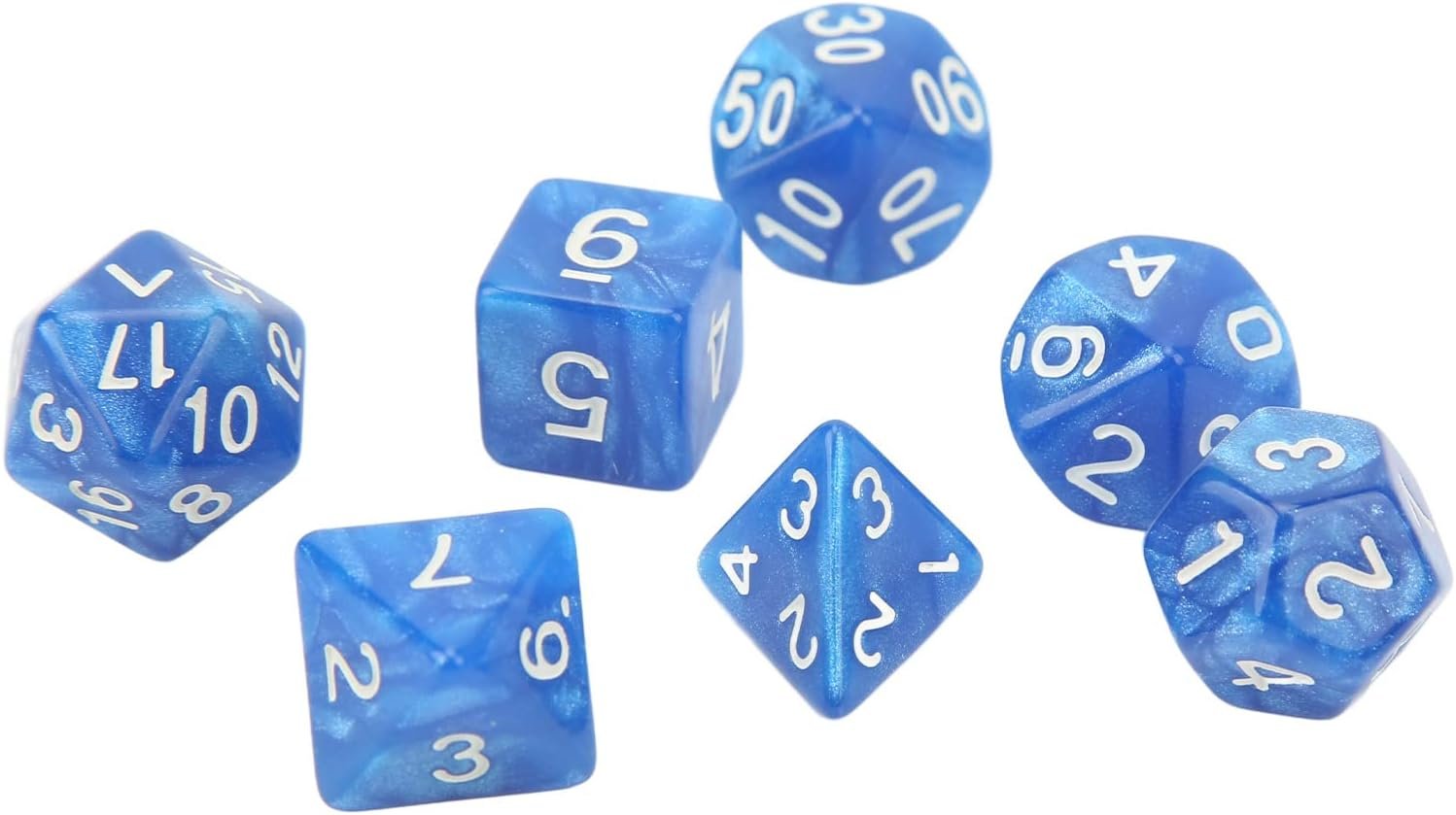 Set de 7 dés polyédriques cristal Bleu et Blanc - Sanseking