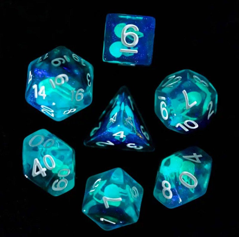 Lot de 7 Dés Résine en boîte Méduse (phosphorécent) - Epic Forge