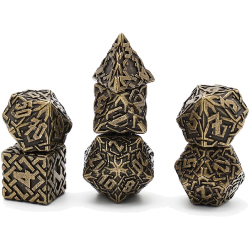 Set of 7 dice 16 mm Metal Interlace Gold