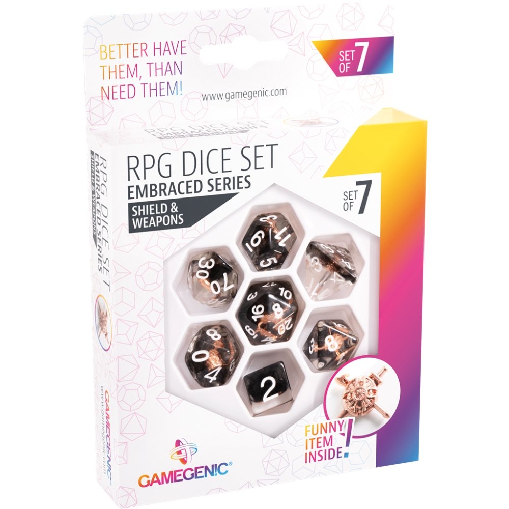 Set of 7 Embraced Series Shield & Weapon RPG dice - Gamegenic